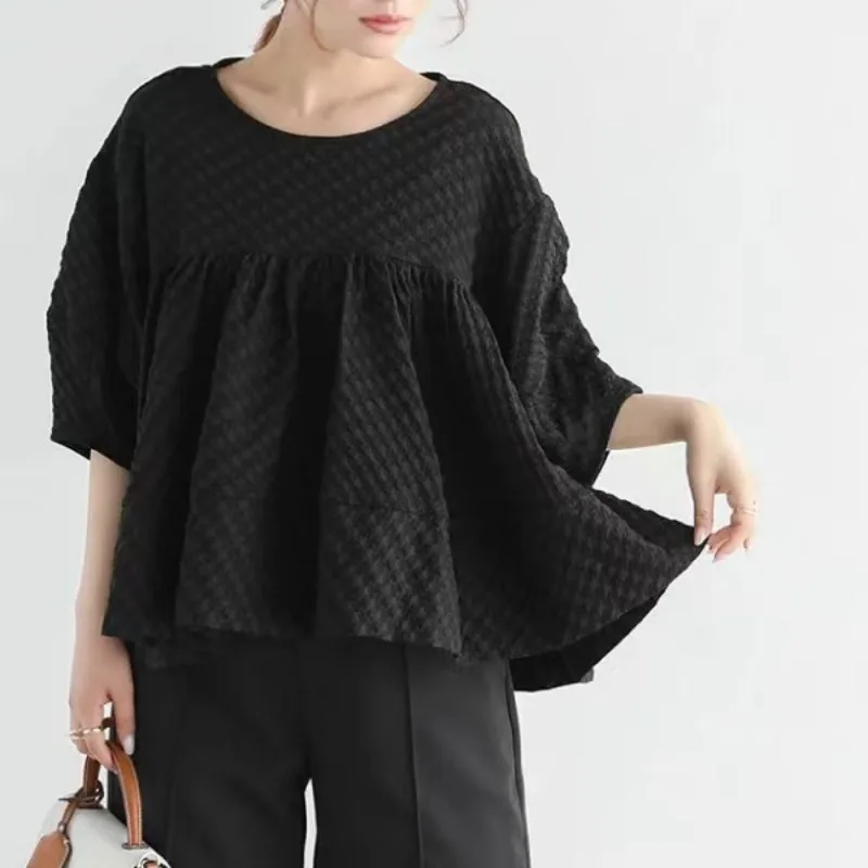 

Summer ort Sve Pleated Sweet Sle Korean Pure Color Doll irt Women's Faionable Top Large Size Emed Belted Blouse