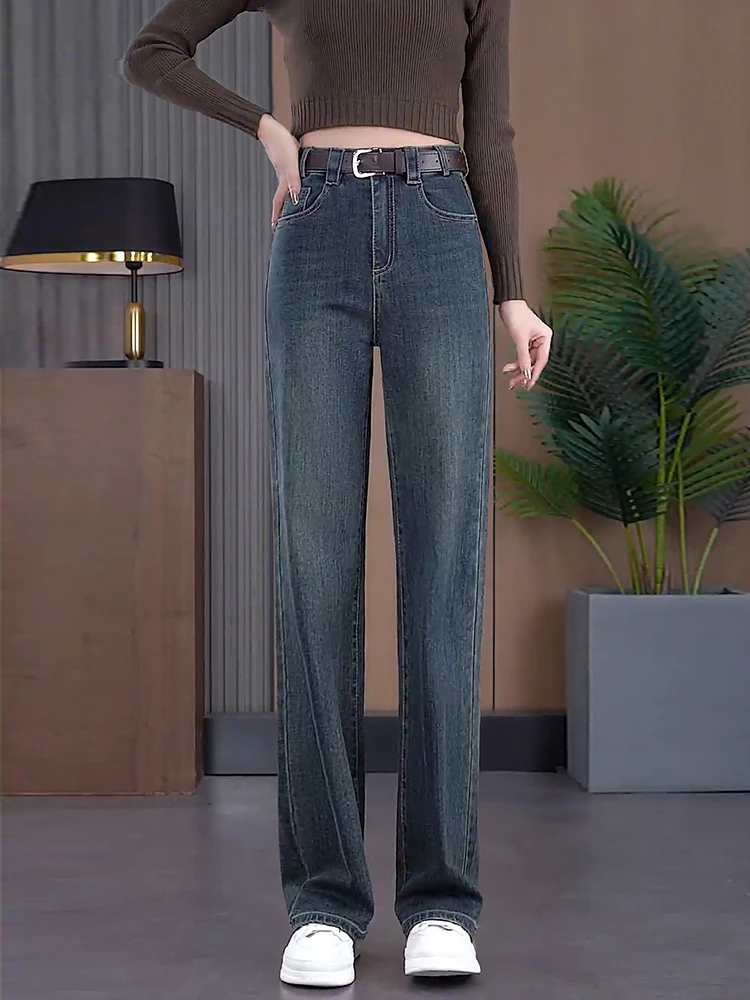 

Retro High Waist Slimming Skinny Jeans Women's Autumn Winter Fleece Lined Wide Leg Pants Cotton Stretch Denim Casual Wear