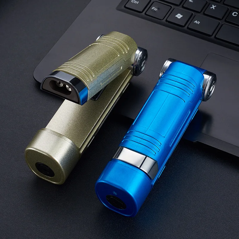 Folding Dual Flame Torch Butane Gas Lighter Metal Outdoor Windproof Strong Jet Cycle Use BBQ Cooking Baking Cigar Lighter