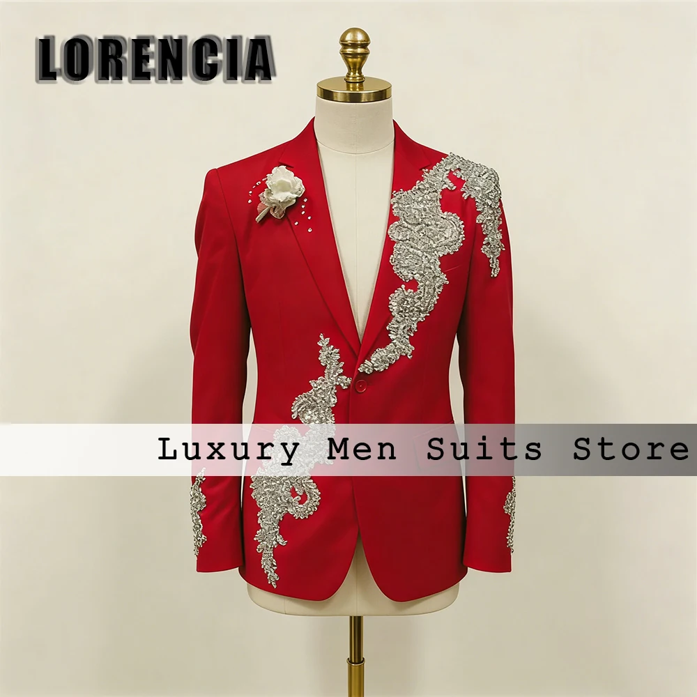 

Elegant Applique Suits for Men 2 Pcs Flat Colllar Prom Wearing Wedding Party Tuxedos Customized Blazer Pants roupas masculinas