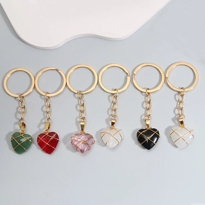 New Design Keychain Crystal Quartz Stone Heart Key Ring Colorful Winding Stone Key Chains For Couple Friend Gifts DIY Jewelry