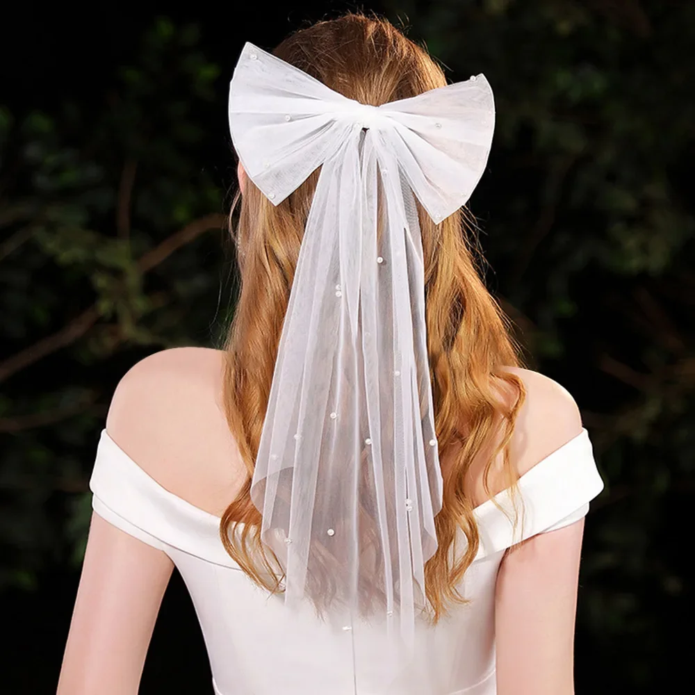 

Белые свадебные головные уборы, тюлевой бант с жемчугом, аксессуары, свадебный головной убор, подарок, украшение для вечеринки, аксессуары для волос