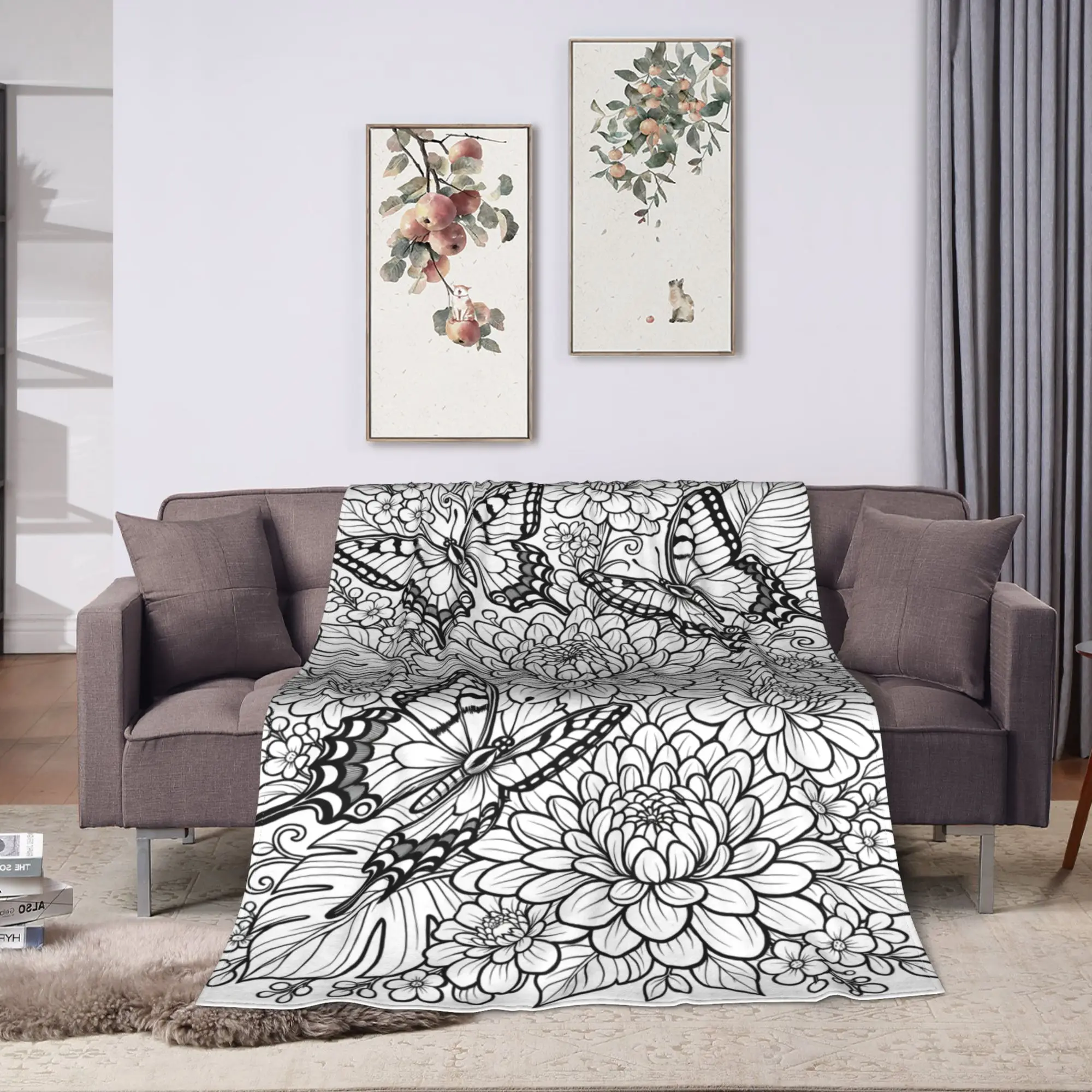 Butterfly Floral Line Doodle Blanket Warm Soft  Throw Blanket Winter Travel Office Couch Chair Sofa Bed Fashion Bedspread