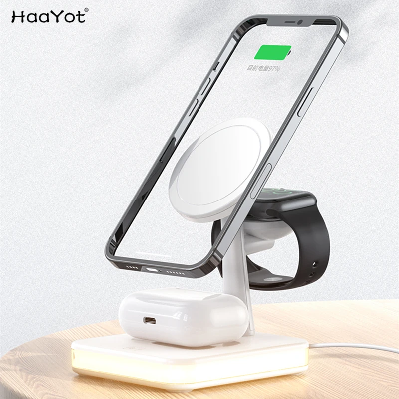 3 in 1 Mag-Safe Charger Stand for iPhone 13 14 Pro Magnetic Wireless Charging Station with Night Light for Apple iWatch Airpods