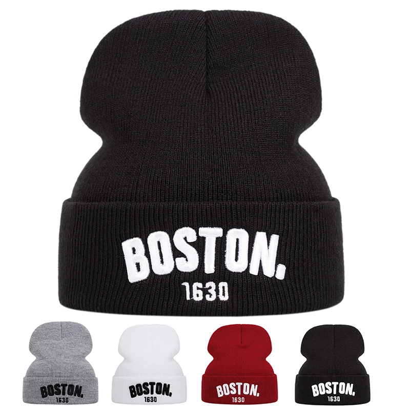 BOSTON three-dimensional embroidered knitted cap for autumn and winter outdoor sports events casual and warm woolen cap
