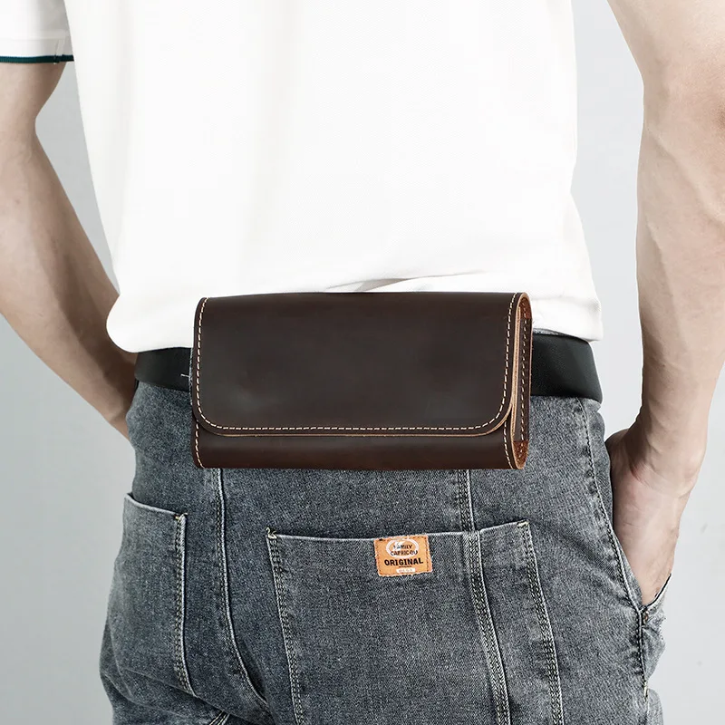 Men's genuine leather waist bag, cowhide with belt, outdoor portable mobile phone storage waist bag