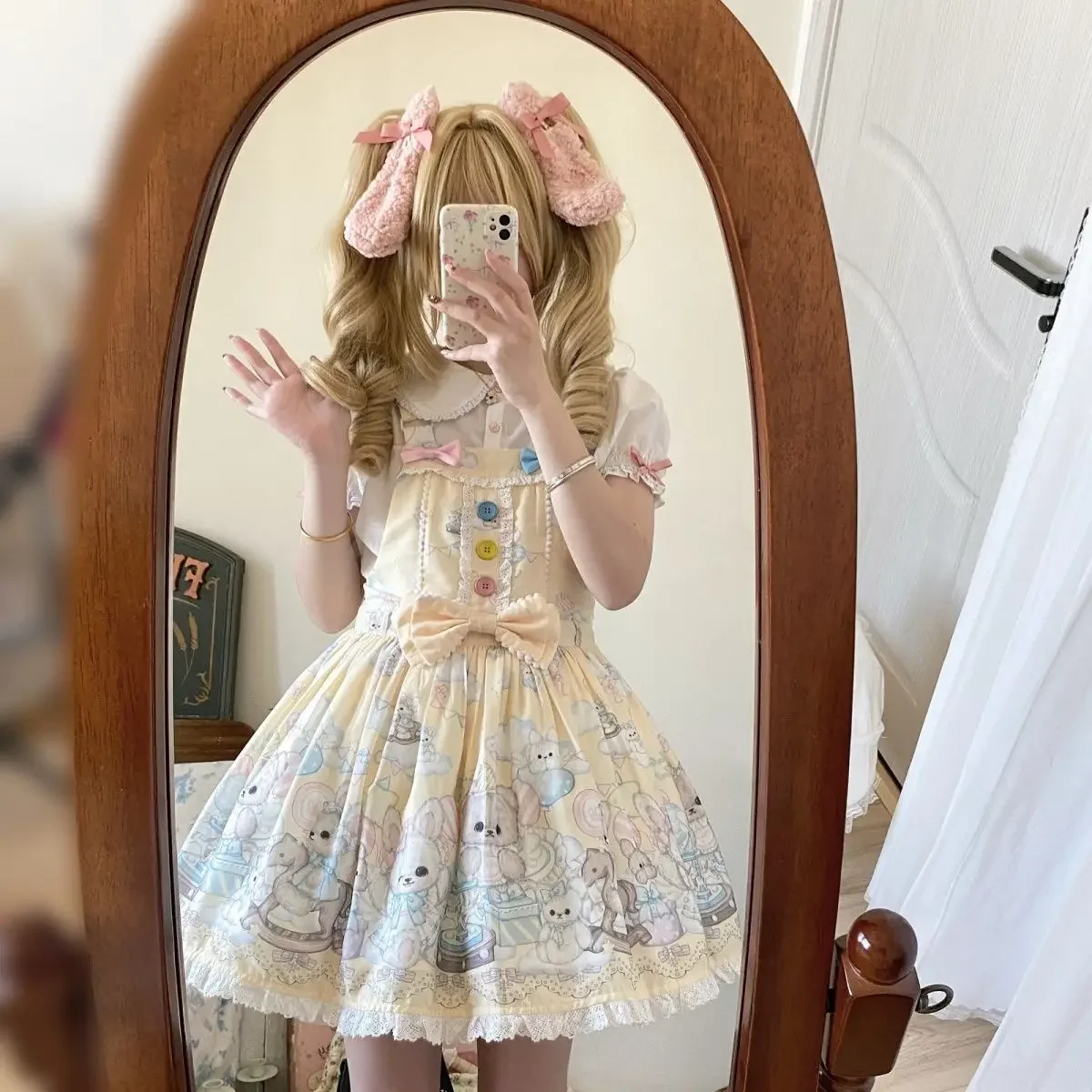Vestido Lolita Jsk para mujer, Vestidos de tirantes dulces con lazo de encaje de conejo bonito de oso de cacao de dibujos animados de Lolita, Mini Vestidos de fiesta de princesa Kawaii