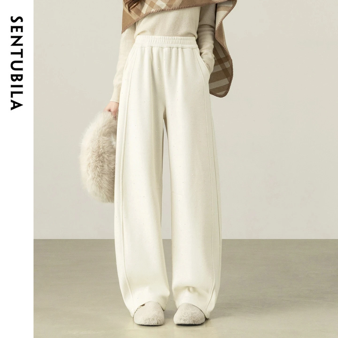 

Женские широкие брюки SENTUBILA 2025: трикотажные, на флисовой подкладке, с декором из страз, повседневные, зимние, для офиса, теплые, длинные, модель 154KN6326