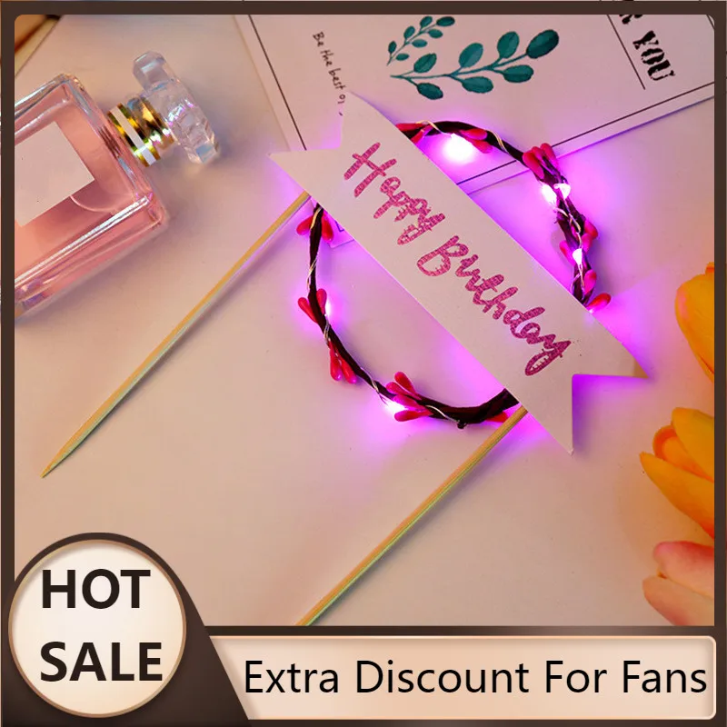 2022 NEW LED Glowing Flower Wreath Cake Topper Happy Birthday Cake Decor for Birthday Party Gold Leaves Cake Toppers