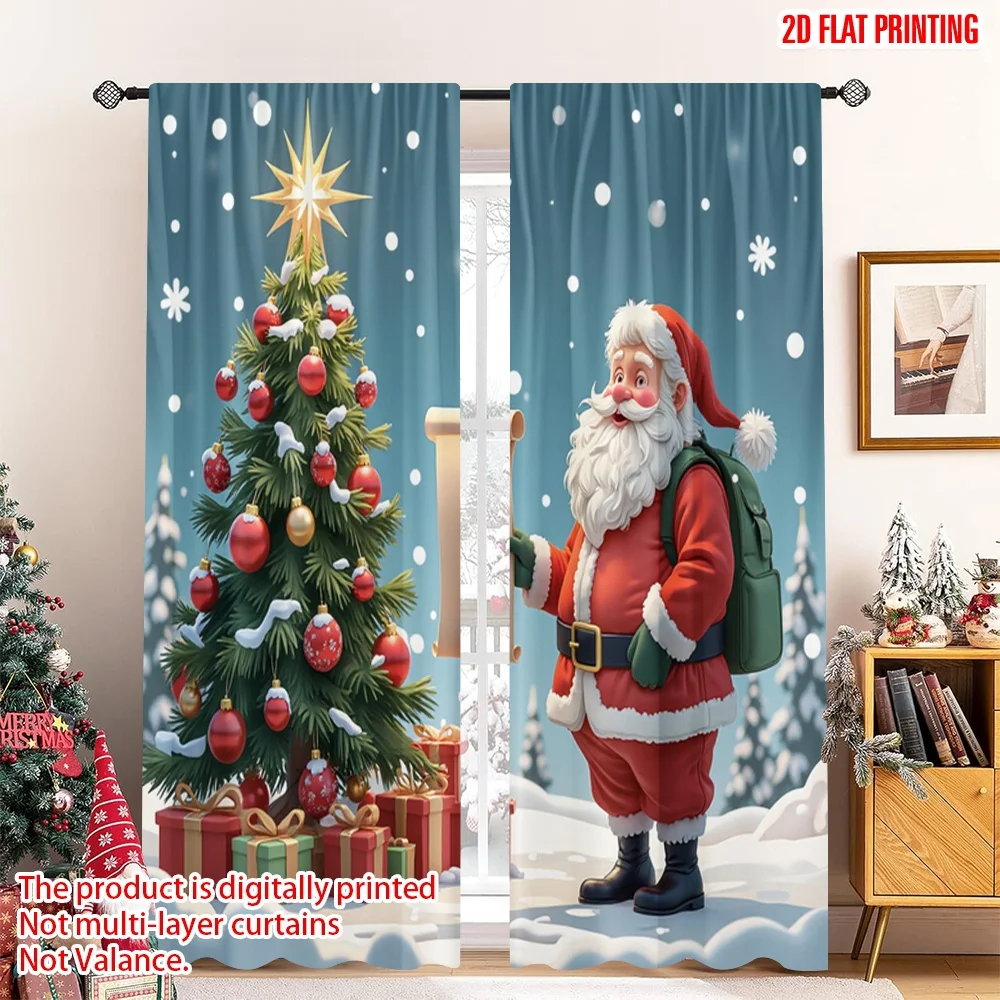 

2pcs 2D flat printing Christmas Scene Curtain Santa Claus Christmas Tree Gifts_b 100% Polyester Without Electricity Festive