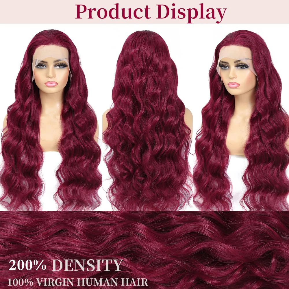 Wig Rambut Asli 34 Inch 200% Density Body Wave Burgundy 13x4 HD Lace Front Untuk Wanita 99j Bug Colored 13x4 HD Lace Frontal Wig