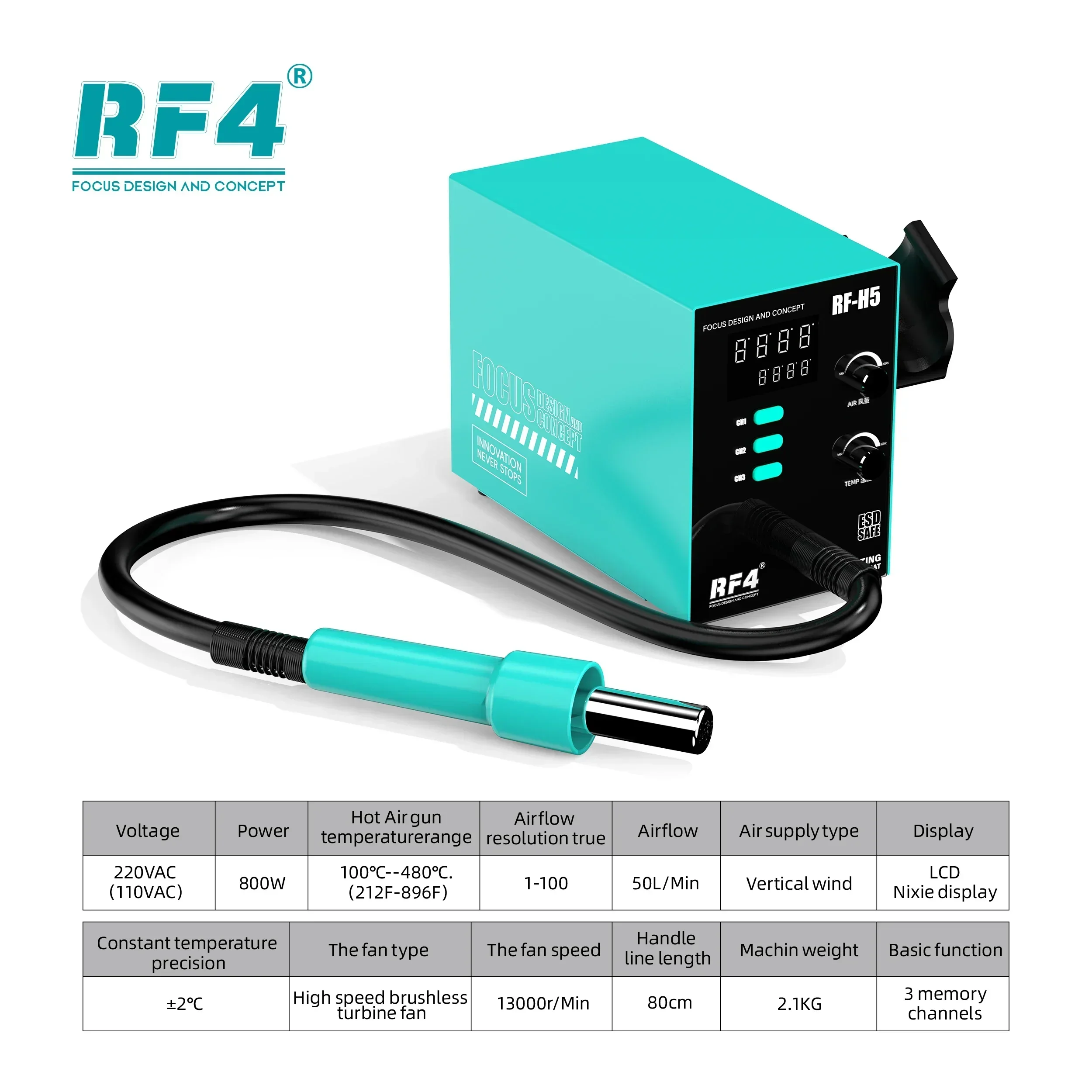 

RF4 RF-H5 Intelligent Hot Air Desoldering Station 800W Fast Heat Gun BGA Chip Rework Station for Electronics Desoldering Repair