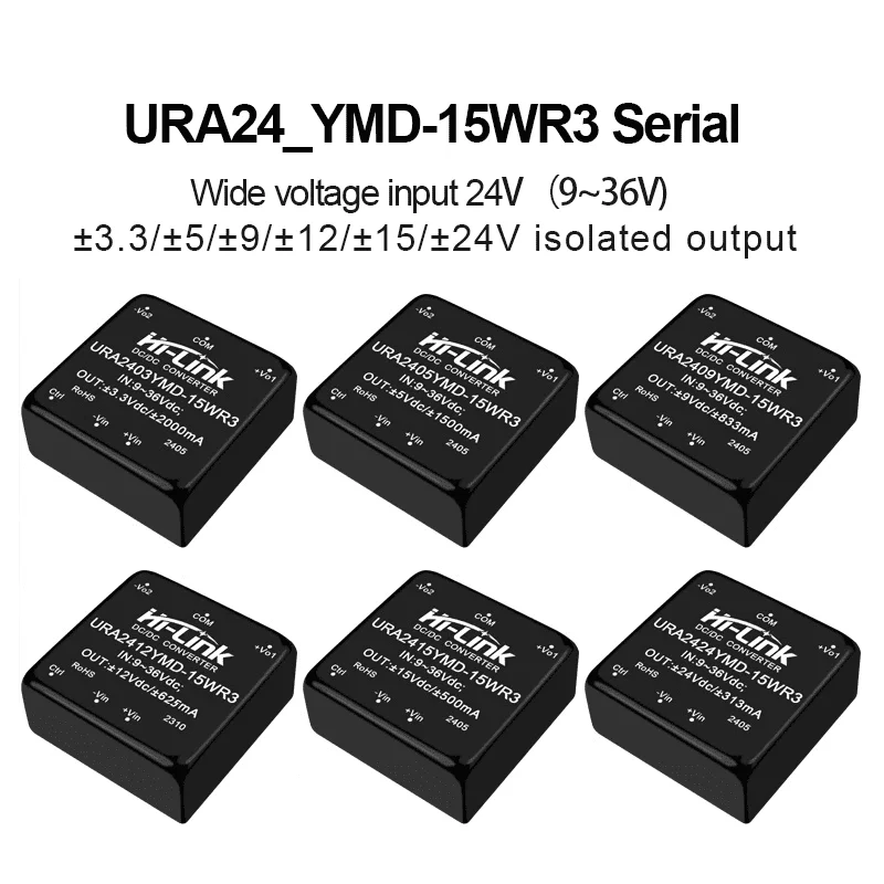 Hi-Link URA2424YMD 15WR3 4to1 Wide Range Input 91pct Eff 1500Vdc Isolation 1ms Fast Startup 0.036W Standby 40 85 Deg C Operatin