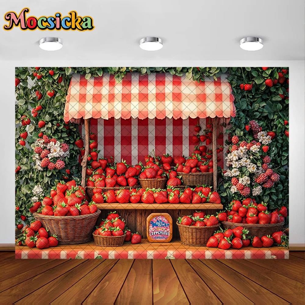 Mocsicka fotografia fundo vermelho morango loja cesta de flores decoração pano de fundo chá de bebê recém-nascido primeiro aniversário baile