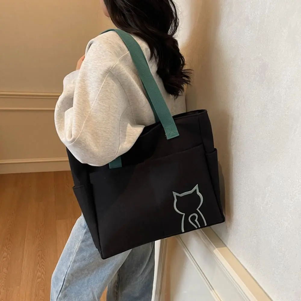 

Casual Nylon Tote Bag Multi-Pocket Korean Style Lightweight Eco Bag Handbag Embroidery Cat Nylon Shoulder Bag Travel