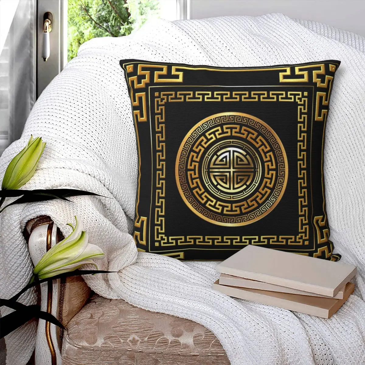 Greek Key Meander Black Gold Large Pillowcase Soft Cushion Cover Decoration Throw Pillow Case Cover Home Square 45X45cm