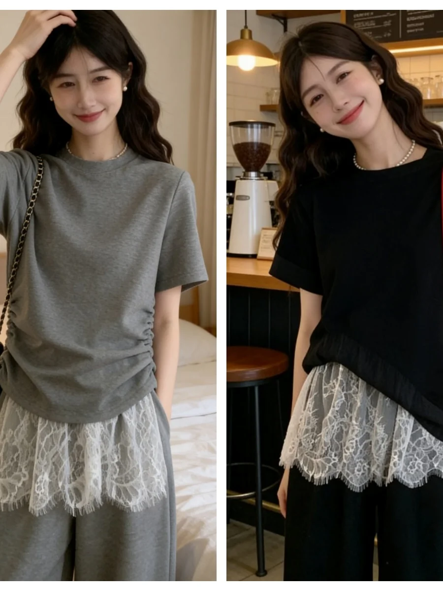 

Элегантный комплект из кружевного топа с коротким рукавом и широких брюк для женщин больших размеров, летняя мода, дышащий и комфортный.