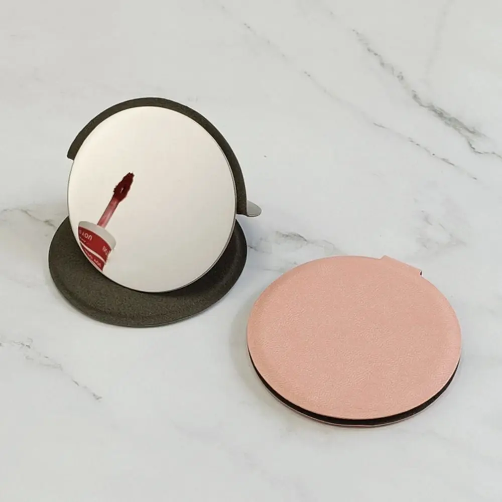 Miroir de maquillage rond pliable en acier inoxydable, support de bureau compact, petit miroir de poche en PU, cosmétique de beauté