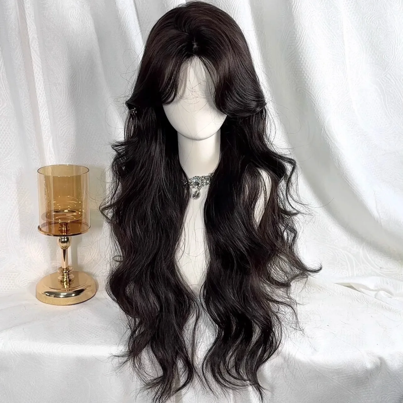 

Wig female 75cm big wave natural temperament medium eight-character bangs long curly hair full headgear