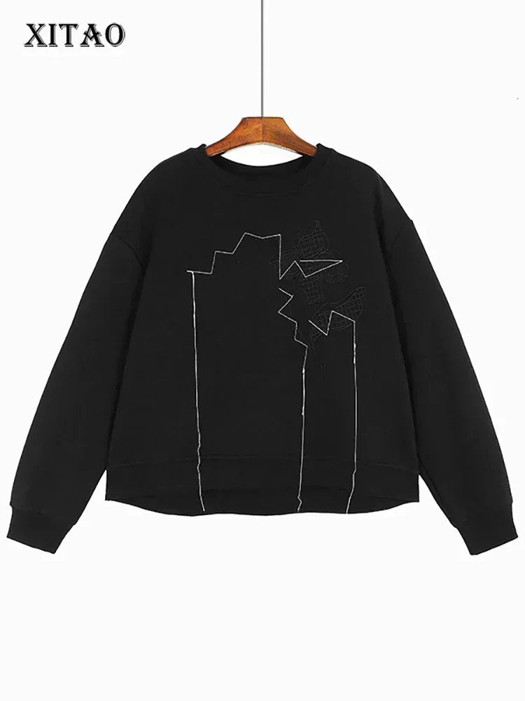 

XITAO Embroidery Patchwork O-neck Sweatshirts Pullover Loose Solid Color Casual Tops 2025 Spring New Arrival All Match DMJ3172