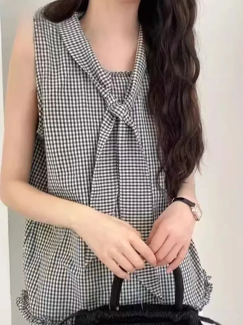 

Pure Cotton Svel irt Women's Youthful Cool Versatile Tie Ne Design Floral Lace Vest Top Commute Sle Loose Fit