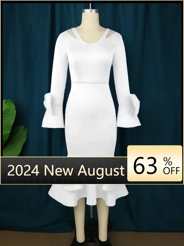 

White Bodycon Dress V Neck Long Sleeve Bowtie High Waist Ruffles Midi Evening Cocktail Party Gowns for Women Wedding Gust