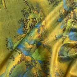 Chinese Landscape Painting Traditional Style Print Silk Stretch Satin Fabric for Lady Vintage Cheongsam