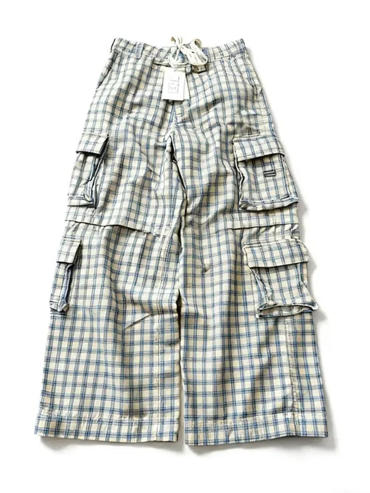 American ERL plaid splicing removable overalls spring and summer loose straight-leg pants