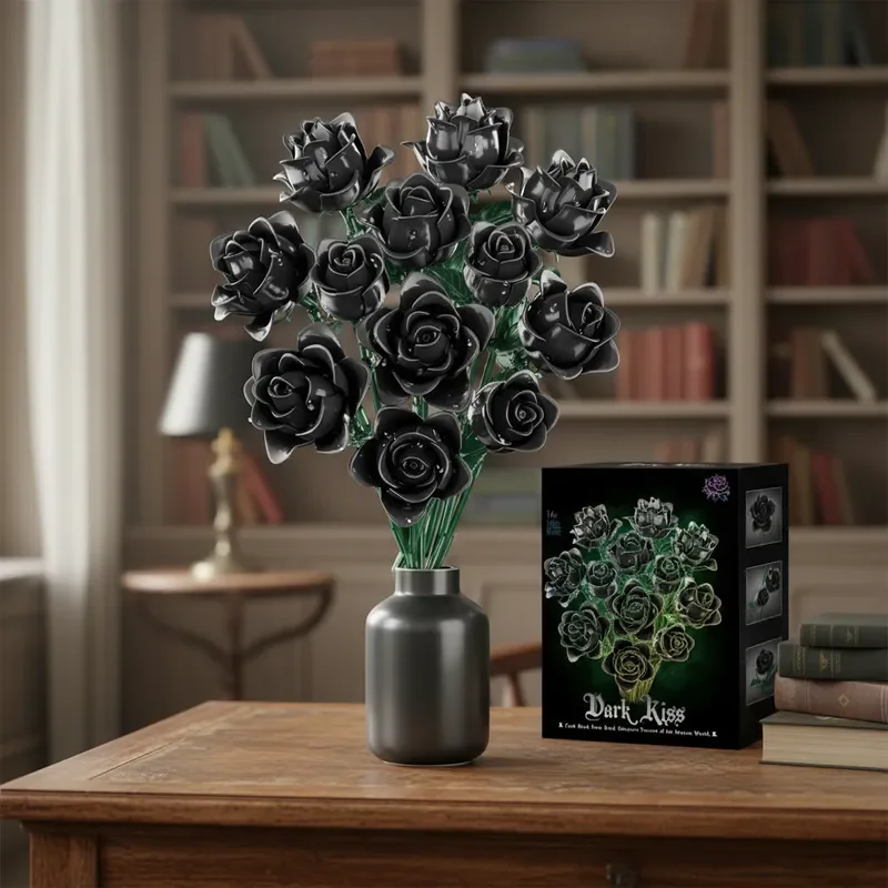 

FUNXINEE 585PCS Romantic Pink Rose Bouquet Gothic Black Flower Building Blocks Set Creative Ornament Valentines Gift Elegant Box