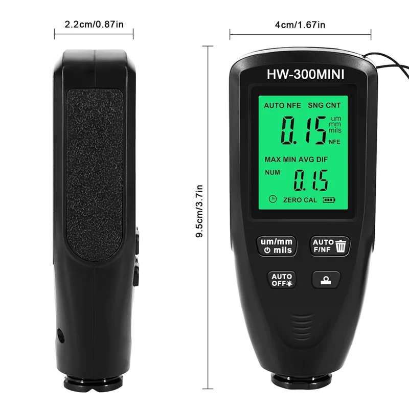 HW300MINI Digital Thickness Gauge Tester Auto Car Paint Measuring Instrument Paint Layer Measuring Device Tool Black