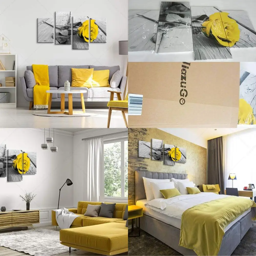 

Modern Yellow Rose Canvas Art for Bedroom - Framed Wall Decor for Living Room, Black & Grey Home Accent, Ready to Hang