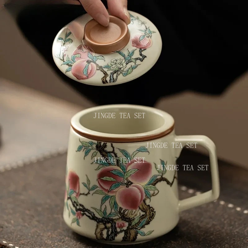 400ml Chinese Ru Kiln Porcelain Filter Tea Separator Cup Nine Peach Office Work Cup Can Nourish Personal Handgrip Cups Drinkware