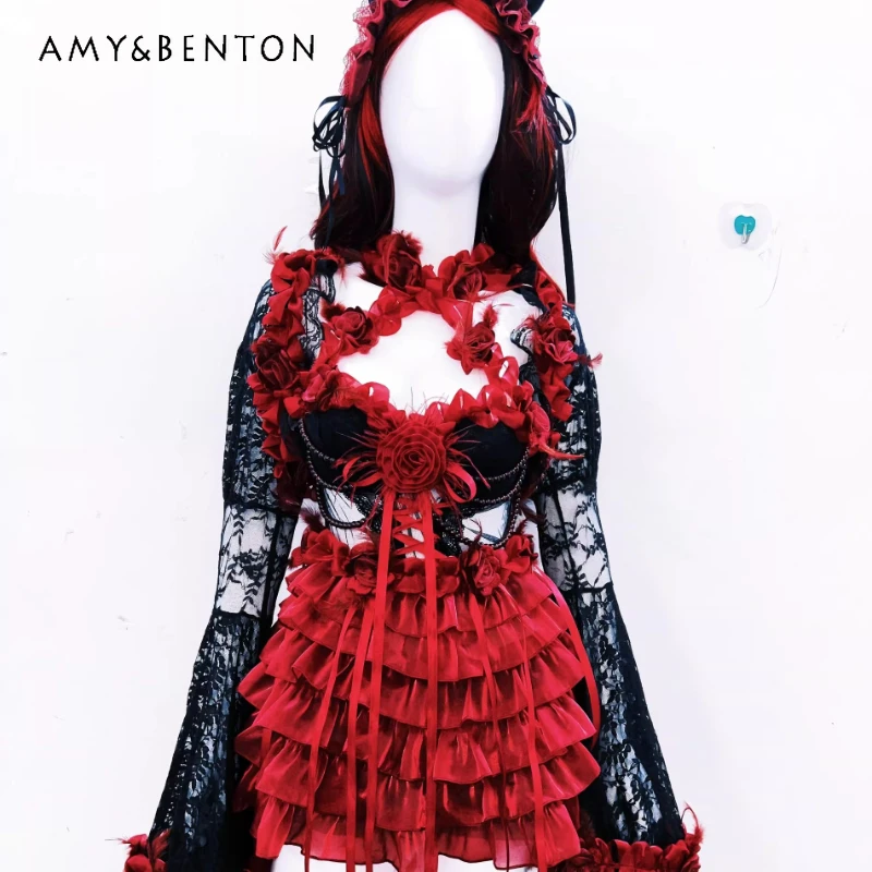 

Original Gothic Black Red Lace Long Sleeve Women's Dress Autumn New Design Floral Layered Cake Dresses Evening Gown Set Ladies