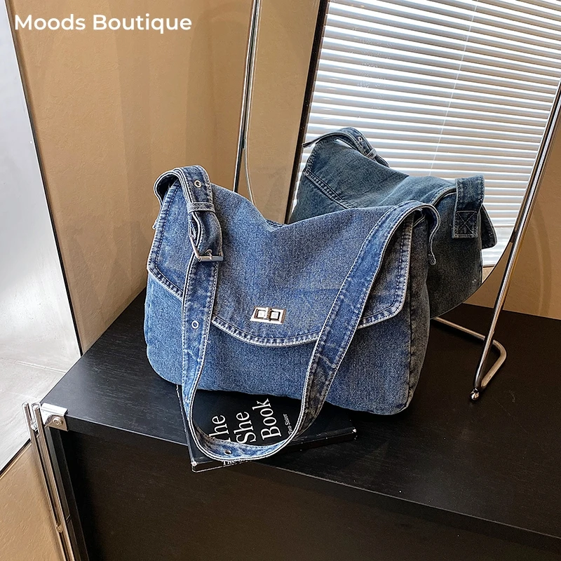 

Denim Fabric Flap Messenger Bags For Women Blue Large Capacity Shoulder Crossbody Bag Casual Street Zippered Retro Handbags 2025