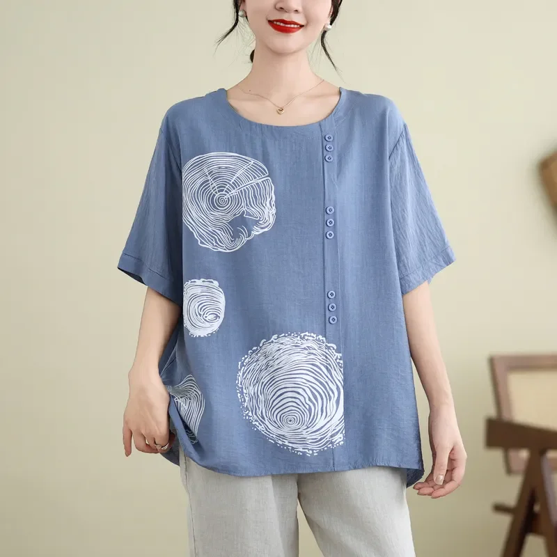 Blue Short-Sleeve Blouse Abstract Circular Print Side Button Design Loose Casual Fit