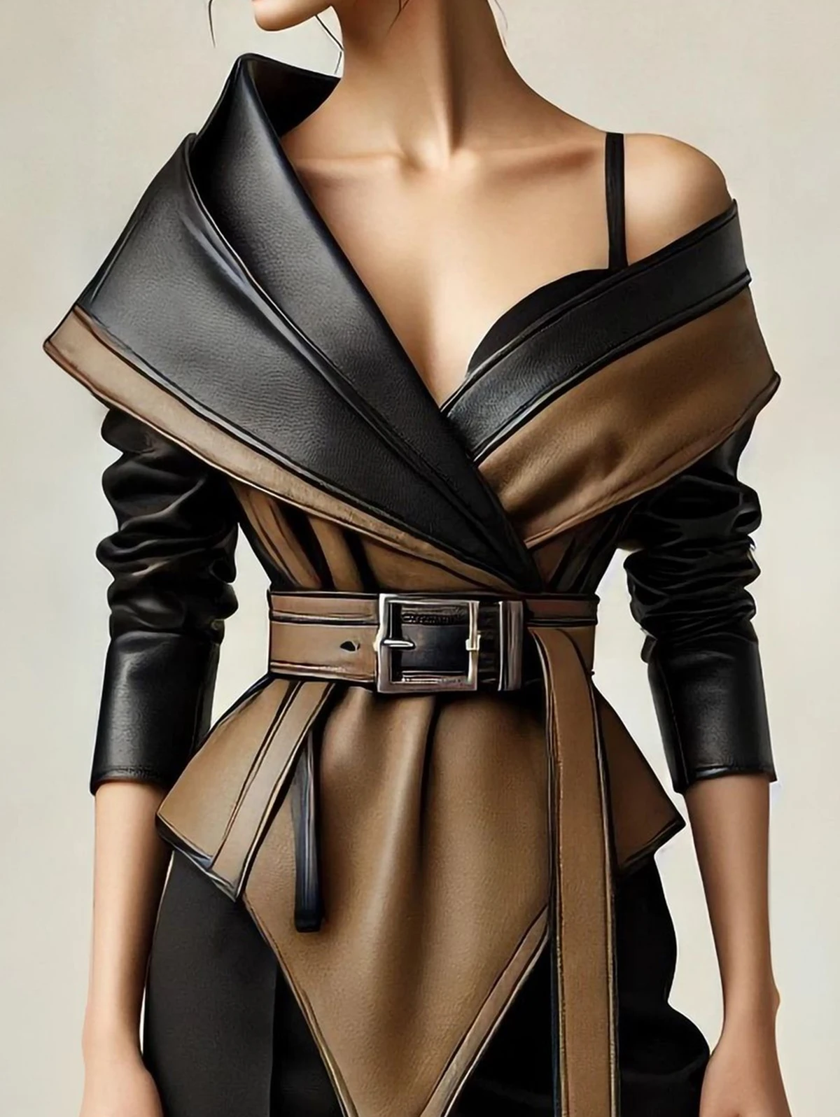 PU Faux Leather Jacket for Women's One Shoulder Splice Irregular Hem Long Sleeve Leather Coat Casual Vintage Elegant Jacket Belt