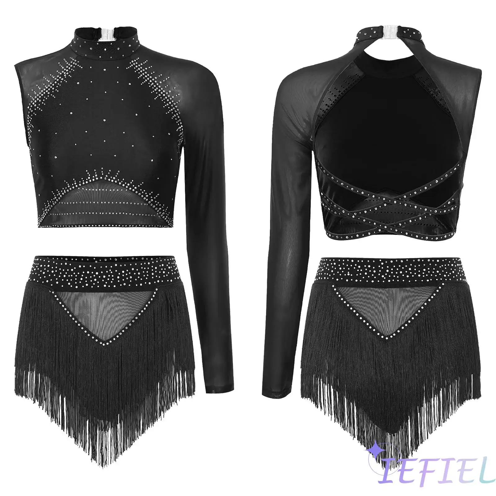 

2Pcs Womens Latin Dance Set Backless Rhinestones Asymmetrical Top&Tassel High Waist Shorts for Figure Skating Dance Performance