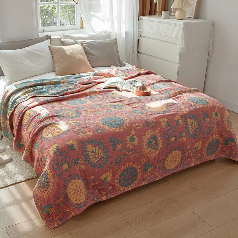 Boho Printed 4 Layer Cotton Gauze Blanket Reversible Lightweight Lap Throw Soft Air Conditioning Cover for Couch Bedroom Decor