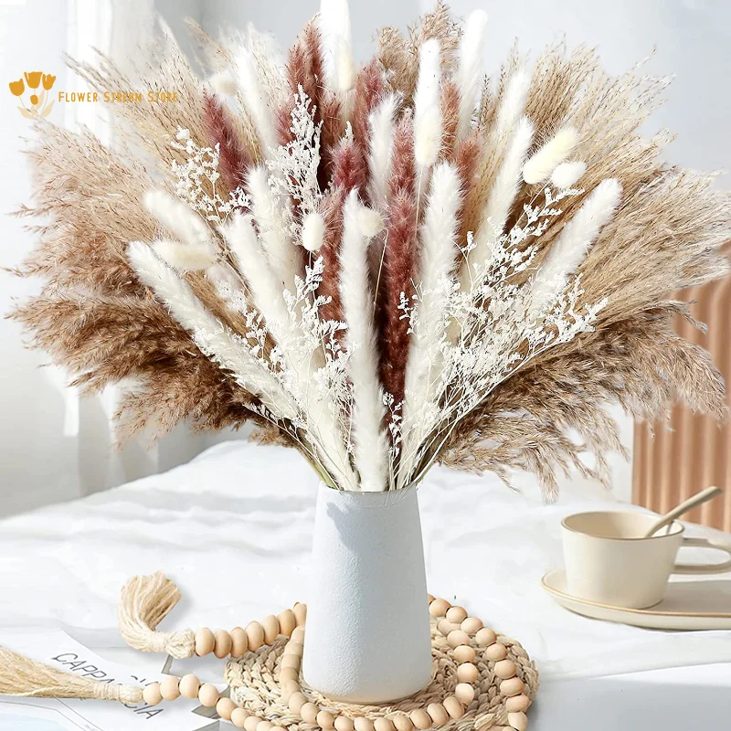 

Natural Pampas Grass Dried Flowers Bouquet Boho Home Vase Decor Accessories Fluffy Reed Bunny Tails DIY Wedding Table Decoration