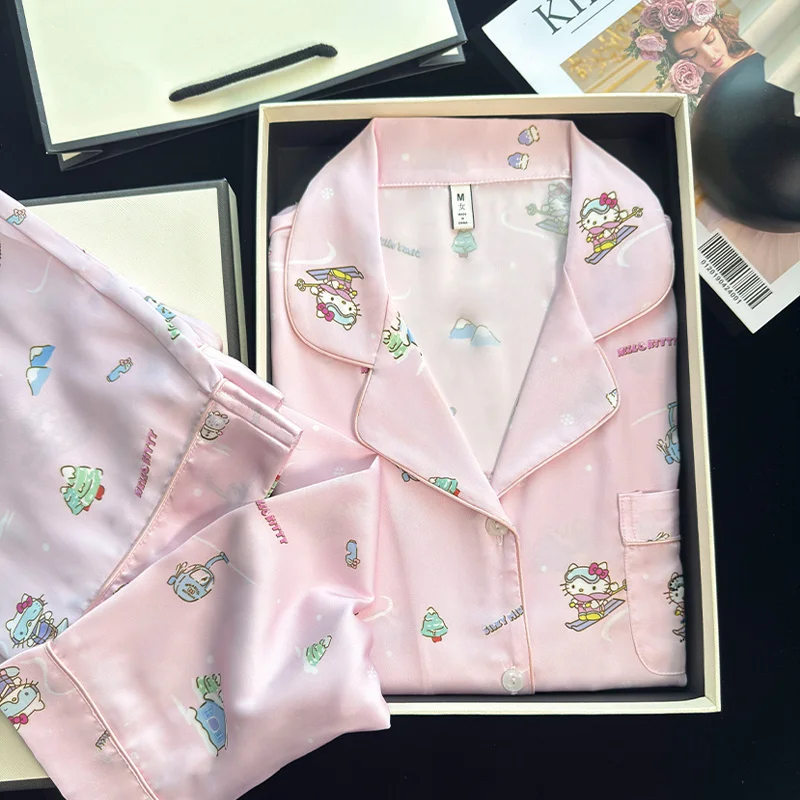 

Sanrio, Hello Kitty осенние ледяные шелковые брюки с длинным рукавом, удобные женские пижамы, шелковые пижамы, Женская домашняя одежда, Пижамный костюм