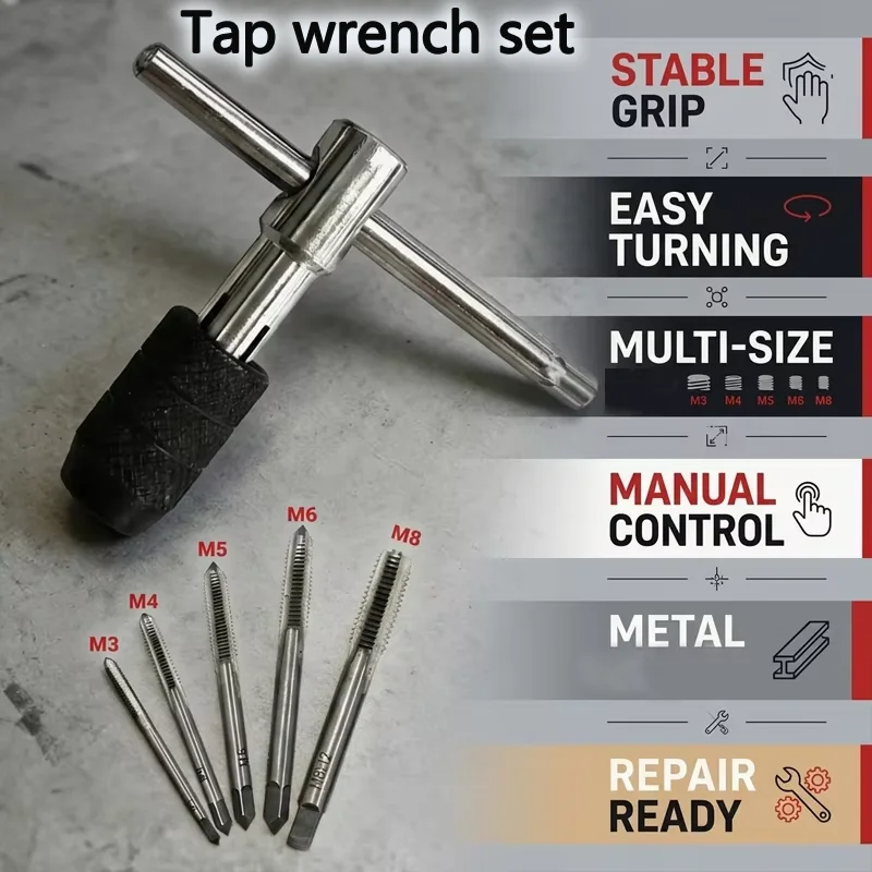M3-M8 Hand Tap Square Shank Pointed Straight Groove Thread Tapping Internal Thread Tapping Tool Set hand tool wrench set