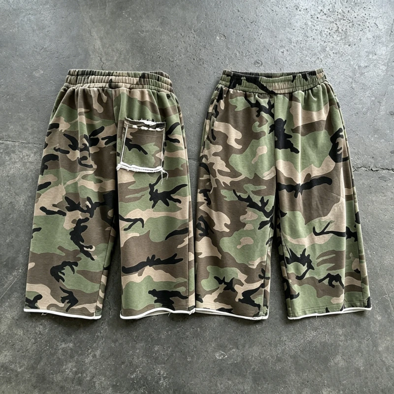 

Y2K American Camo Shorts Camouflage Pattern Rough Edge Tassel Sweatshorts New Summer High Street Streetwear Unisex Baggy Shorts