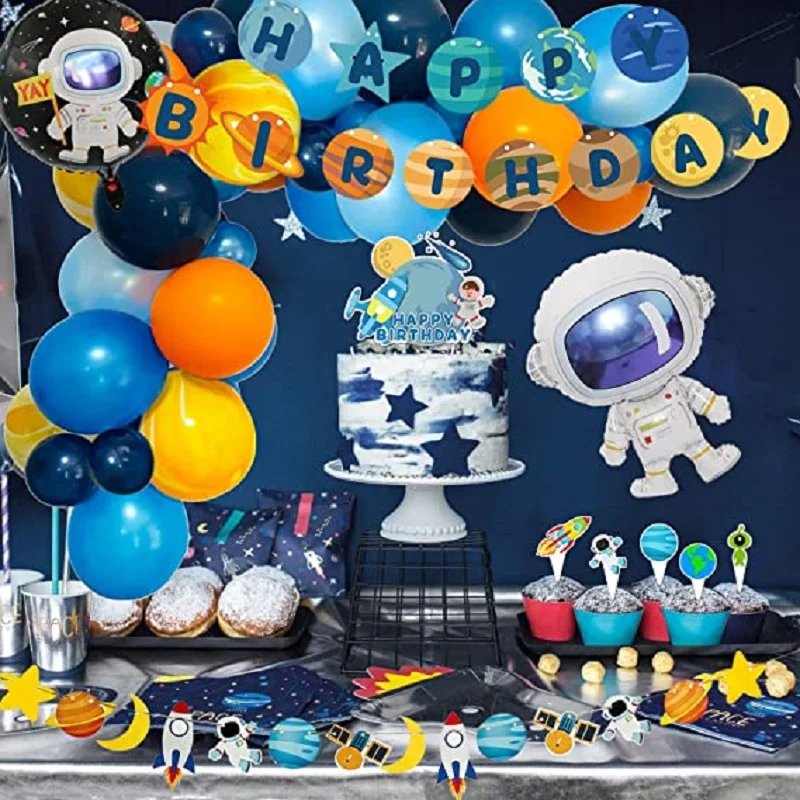 Outer Space Birthday Party Supplies, Astronaut, Earth Planets Theme, Cake Topper, Garland, Banner, Balloons, Background Decor