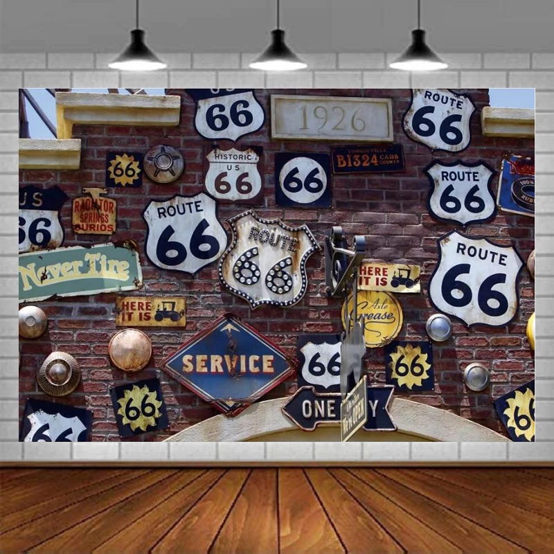 

Photography Backdrop Route 66 Vintage American Mother's Road 1926 Service Highway Signs Brick Wall Background For Adult Portrait