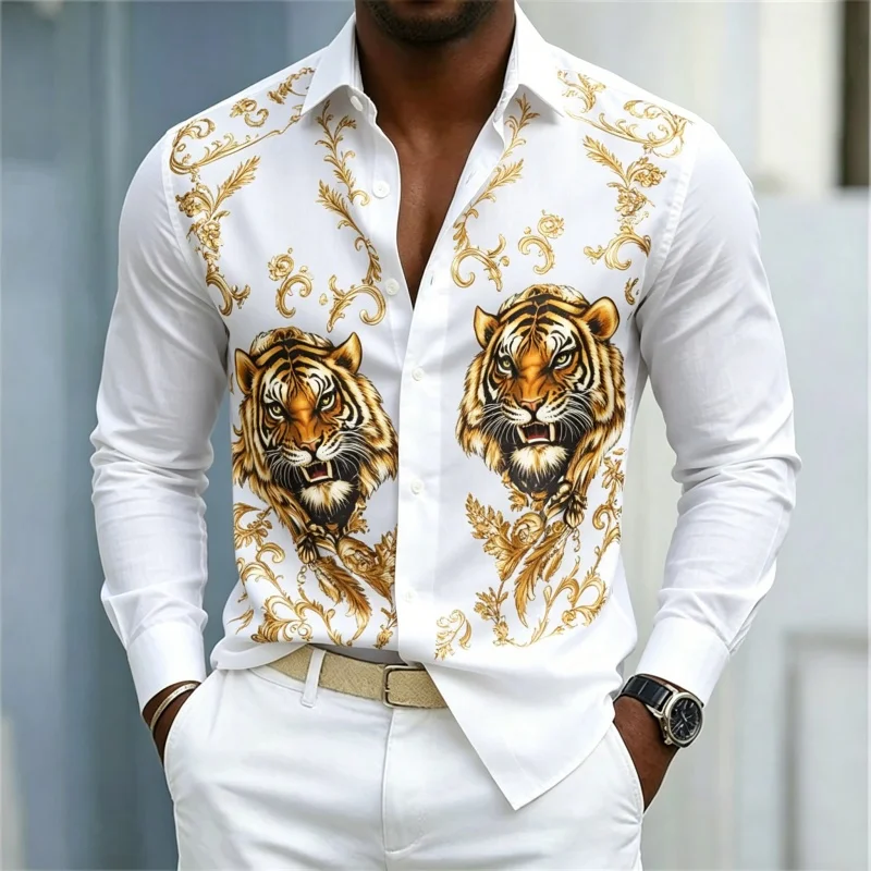 Men's shirt solid color tiger print long sleeved shirt light luxury Baroque style business casual shirt loose collar casual shir