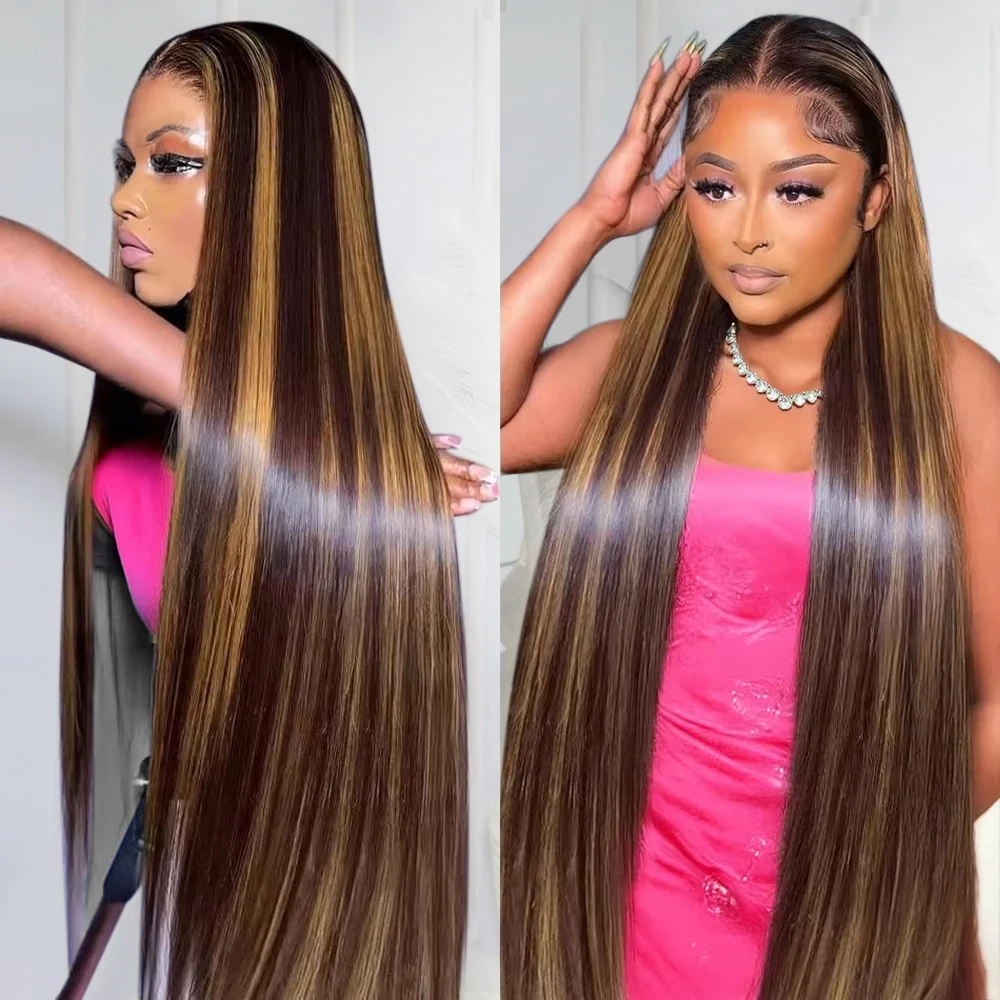 

36 40Inch Highlight Ombre 4/27 13x6 HD Transaprent Lace Front Wig Human Hair Pre Plucked Honey Blonde Lace Frontal Brazilian Wig