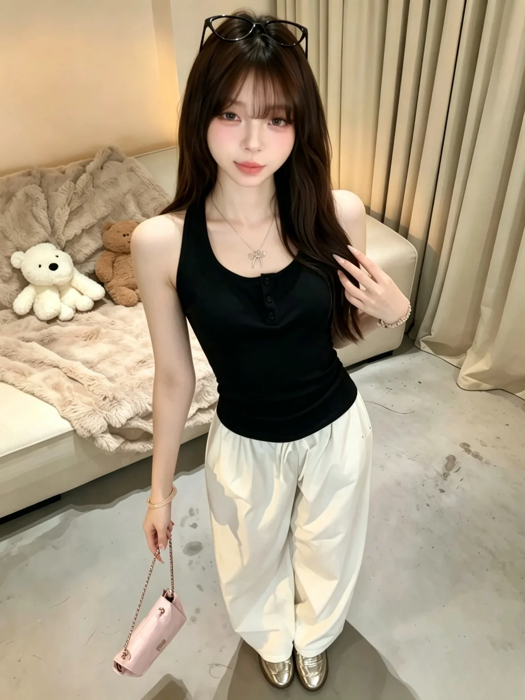 Sweet Style Simple Neck Hanging Vest Women's Summer Beautiful Sleeveless Strap Slimming Sexy Top Trendy round Neck Short Length