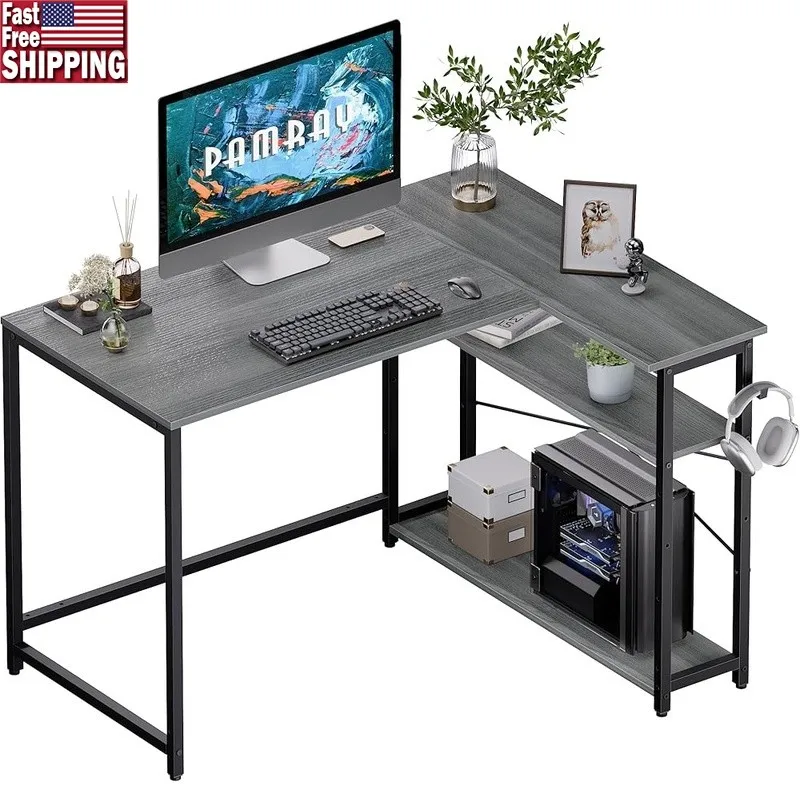 مكاتب كمبيوتر على شكل حرف L مع أرفف قابلة للتعديل، تصميم متين لألعاب المكاتب المنزلية ومساحة الدراسة
