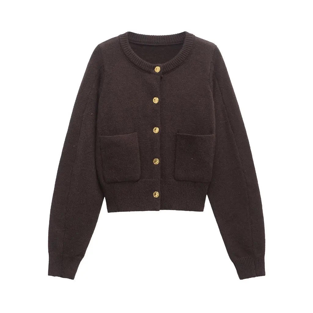 

Европейская и американская мода вязаный кардиган с круглым вырезом и длинными рукавами с пряжкой дизайнерский топ на весну новое поступление G82612