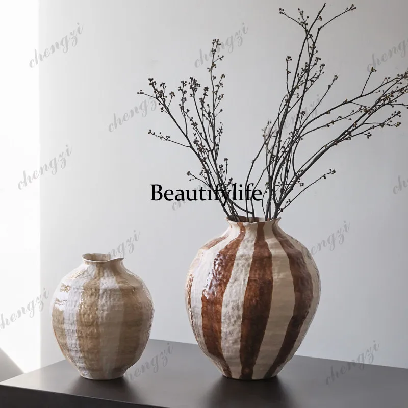 Ceramic vase wabi-sabi wind Chinese pottery pot ornament flower arrangement retro flower utensils dining table decoration